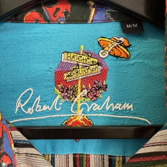 Robert Graham Stripe Button Up Shirt M Colorful Flip Cuff Paisley Silk Trim - Picture 5 of 10